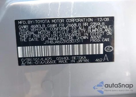 2009 Lexus Es 350 z USA, uszkodzony, nr VIN JTHBJ46G392307311